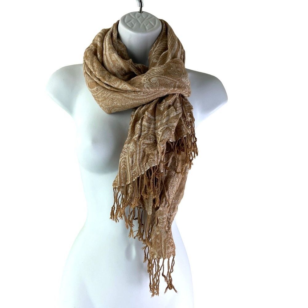 Damask Woven Rectangle Beige & Tan Fringed‎ Women's Scarf